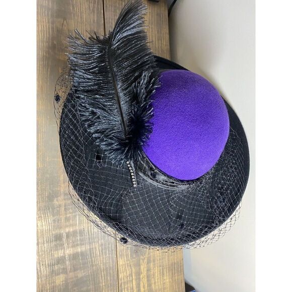 VTG Mr. Charles Michael Howard Women's Hat Feather Blk Purple Felted Wool 21.5” - Picture 2 of 8